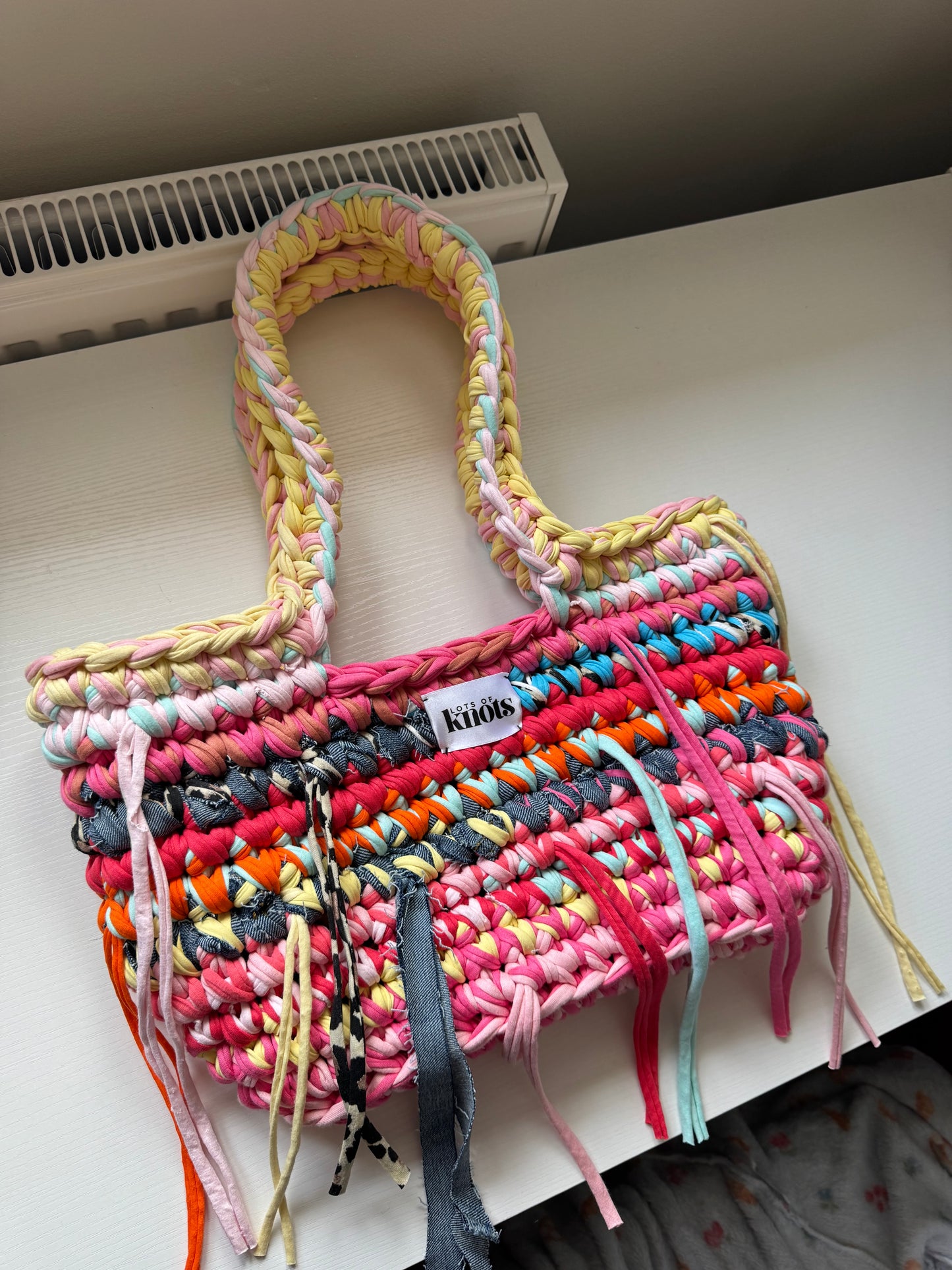tote bag - denim, lemon, white, pinks and blues (custom)