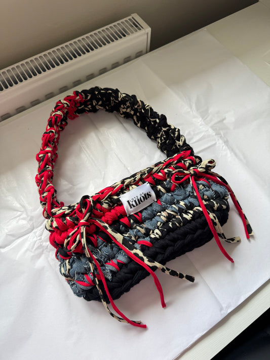 shoulder bag - denim, leopard print, red & black (custom)